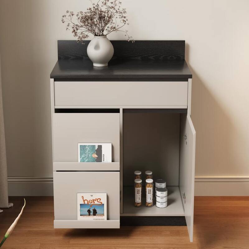 Modern 6-Drawer Storage Cabinet with Wavy Design and Black Wood-Grain Desktop