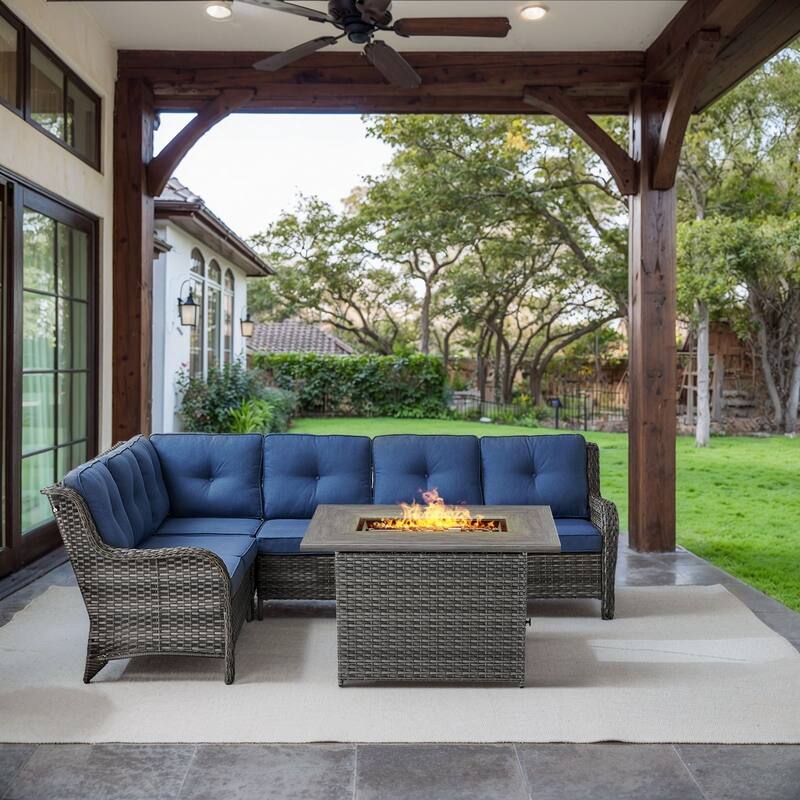 Gymojoy 2-Piece Outdoor Wicker Patio Furniture with Fire Pit and L-shaped Sectional Sofa, Coversation Set with Thick Cushions - Grey Wicker / Blue Cusion - 2-Piece
