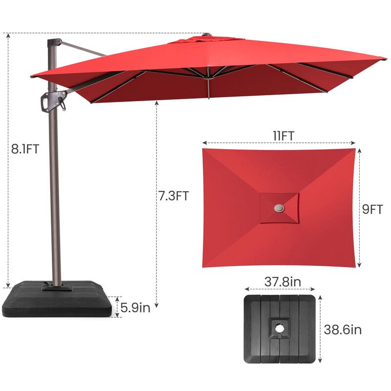 Outdoor 11 x 9 FT Patio 360 Degree Rotation Cantilever Umbrella with 4-Piece Umbrella Base