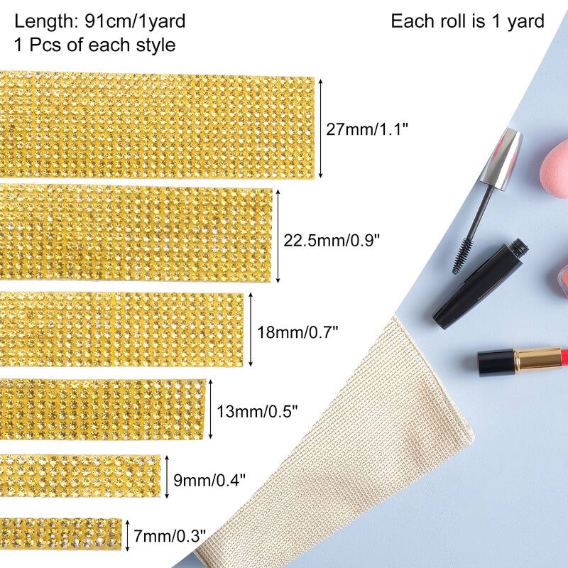 6 Rolls Self-Adhesive Rhinestone Ribbon for DIY Arts Craft - Gold