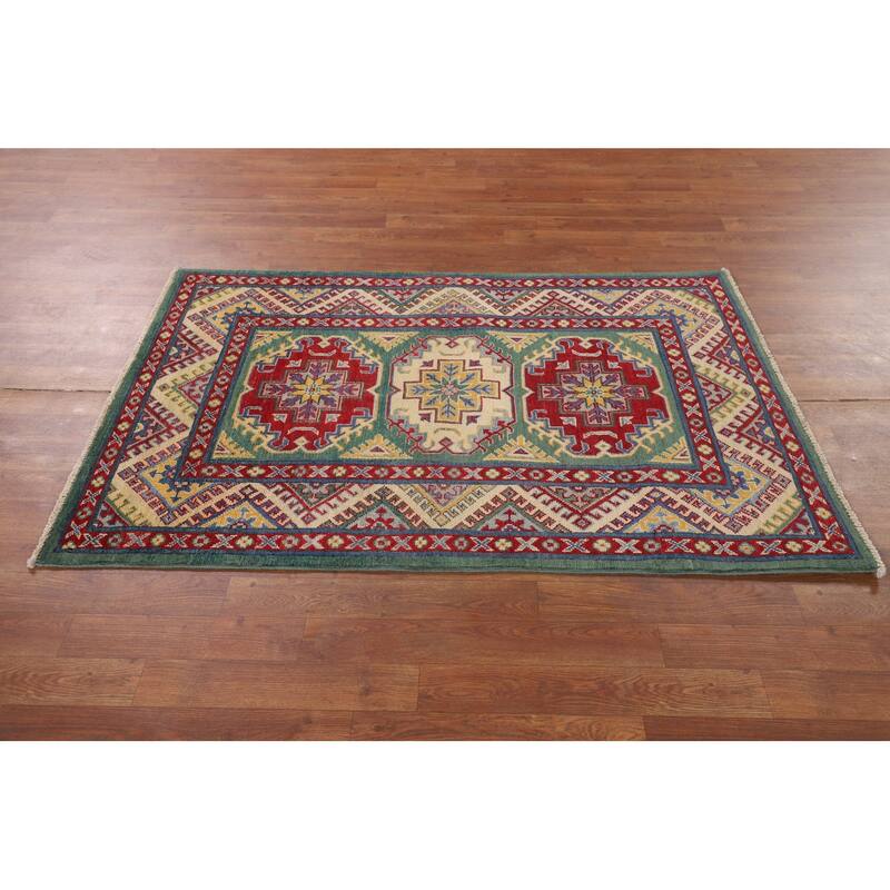 Green Kazak Accent Rug Handmade Wool Carpet - 3'3" x 4'11"