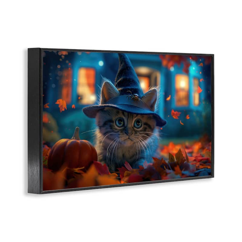 Stupell Halloween Witch Kitten & Pumpkin Framed Giclee Art Design By Wumples