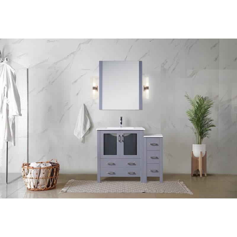 42" Navy Blue Bathroom Vanity with Side Cabinet, White Ceramic Countertop, Monte Faucet Set, and 28" Mirror