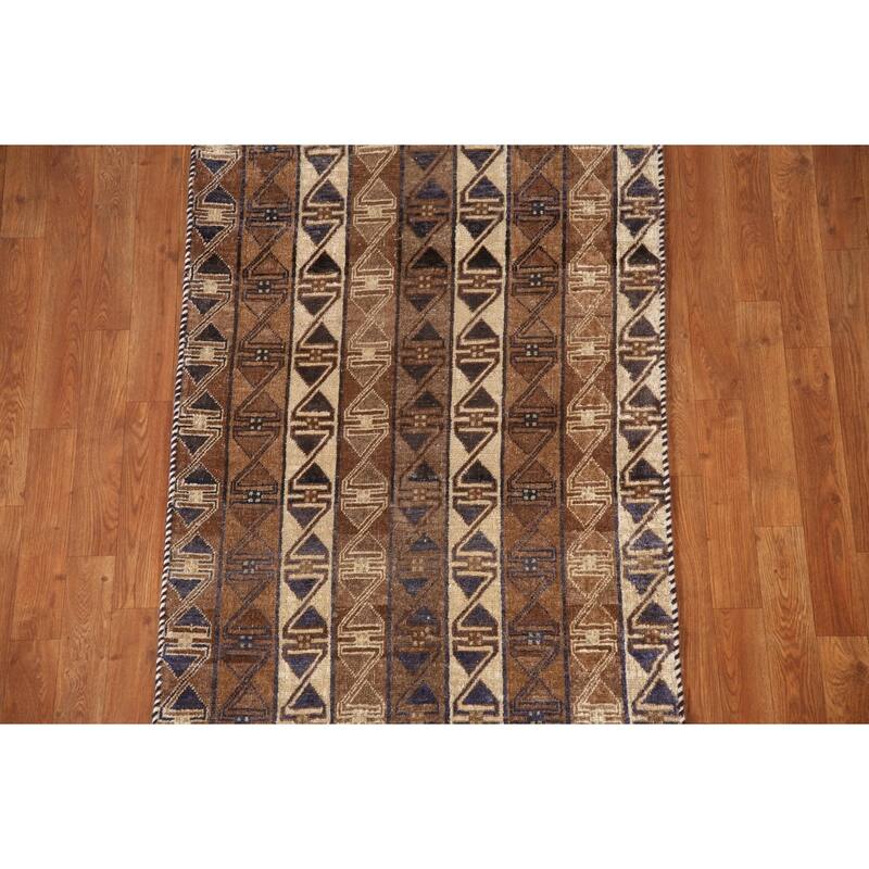 Brown Geometric Balouch Persian Vintage Rug Hand-knotted Wool Carpet - 2'11"x 5'0"