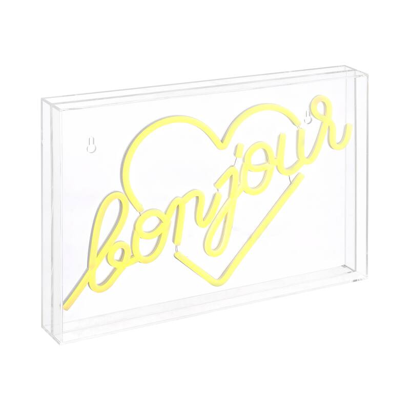 Bonjour Heart 15" X 10.3" Contemporary Glam Acrylic Box USB Operated LED Neon Light, Yellow by JONATHAN Y - 15" X 10.3" - 15" X 10.3" - Yellow