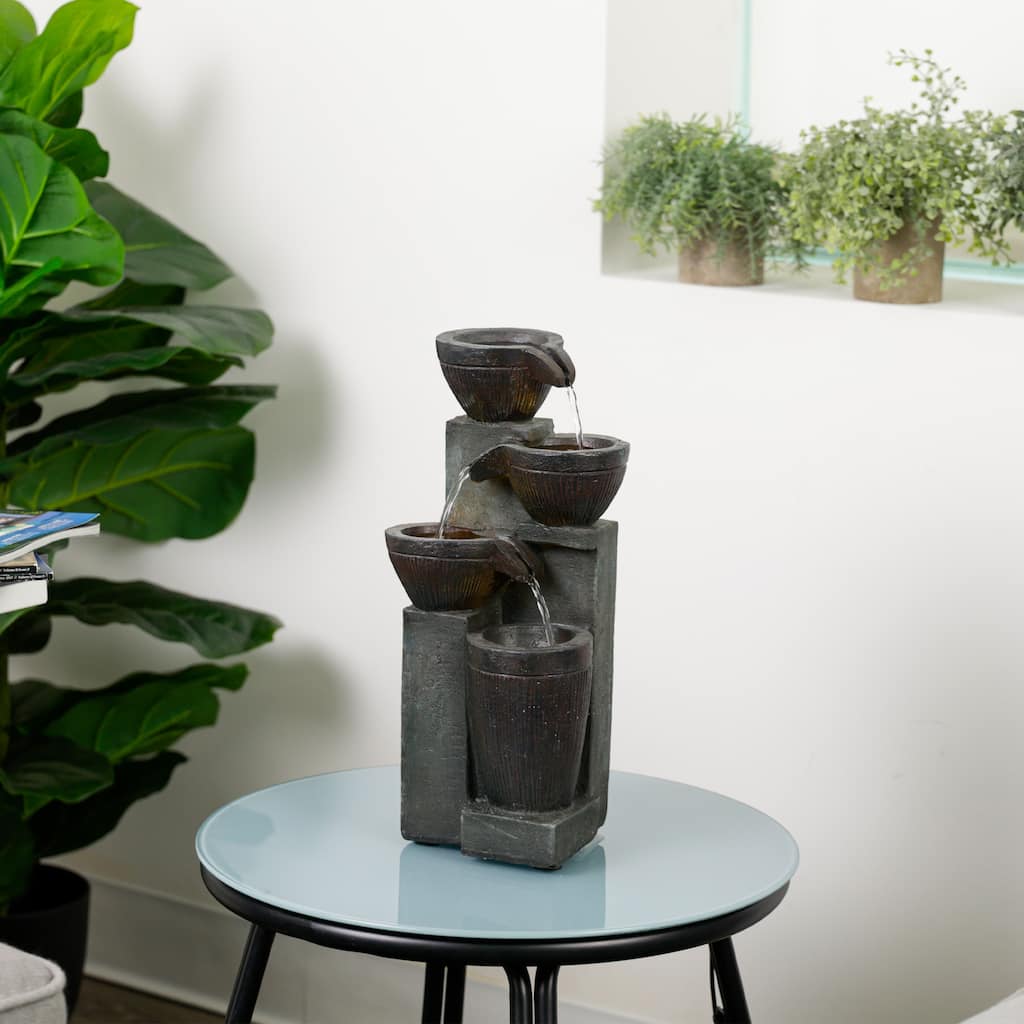 Alpine Corporation TZL416 14" Stoned Jar Water Fountain with Cascading LED Lights for Home, Office, and Desk Decor, Grey