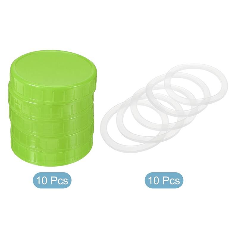 86mm Wide Mouth Plastic Mason Jar Lids, 10Pcs Jars Caps w Sealing Ring - Green