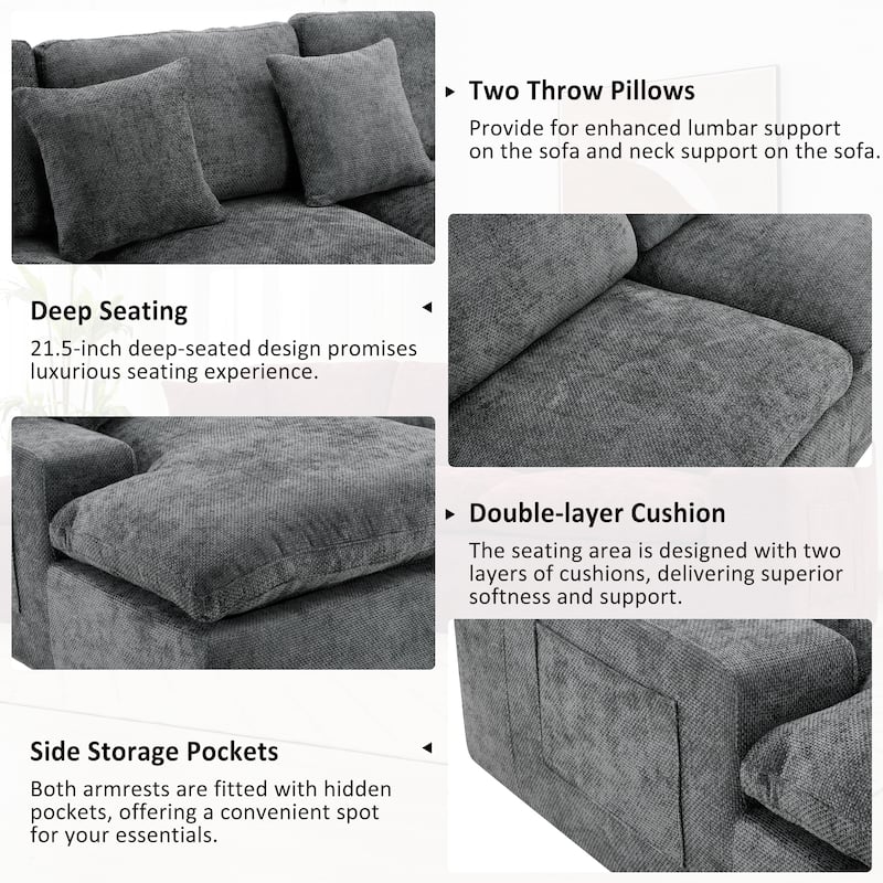 107.9" Grey Upholstered Sectional Sofa, Double-layer Cushions, Side Pockets & Throws, Free-combined for Living Room
