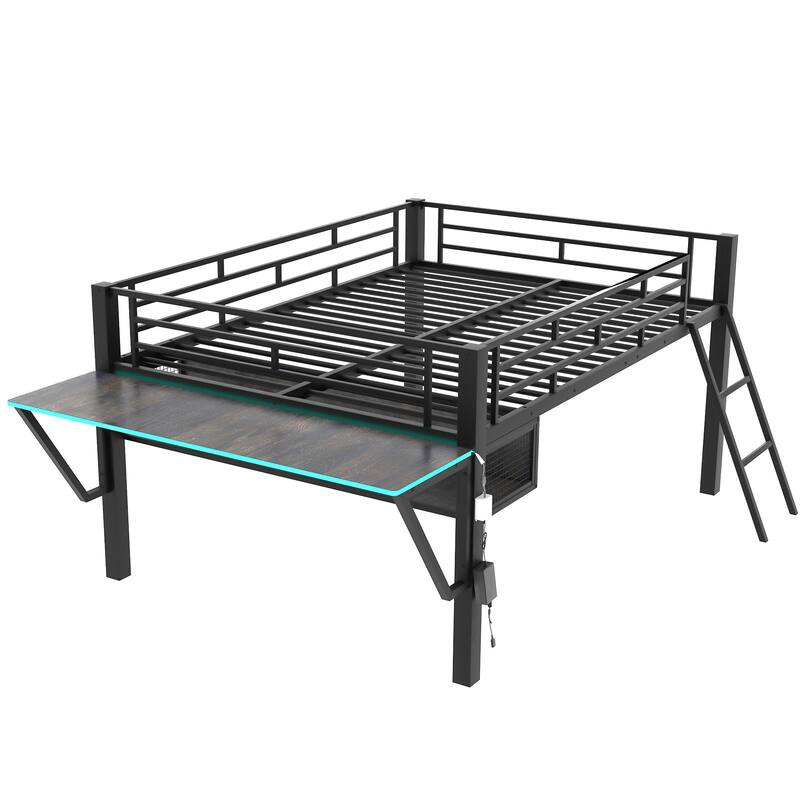 Full Size Gaming Mid Loft Bed with Desk and Storage Built, LED Light