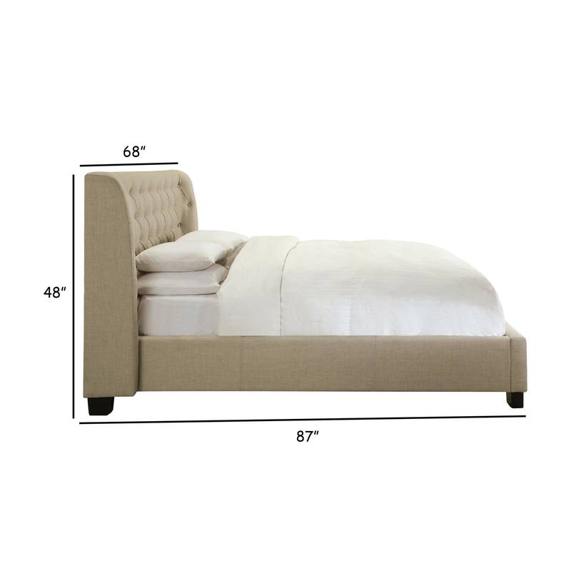 Pax Full Bed, Storage Footboard, Button Tufted Upholstery, Beige Linen