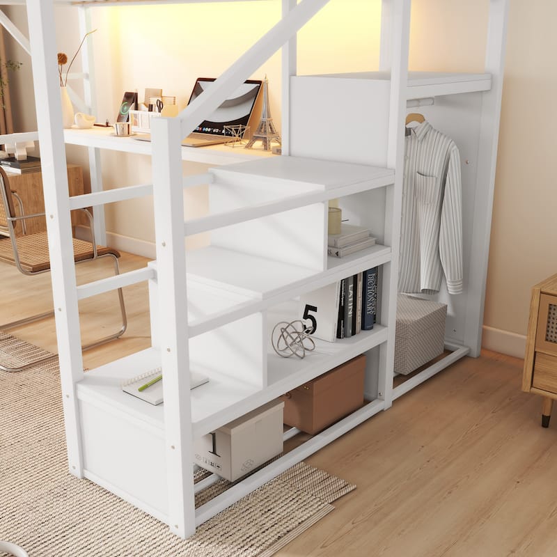 Iron Loft Bed Frame with Desk, Charging Station, Bedside Shelf and Wardrobe, Heavy Duty Metal Loftbed with LED Lights