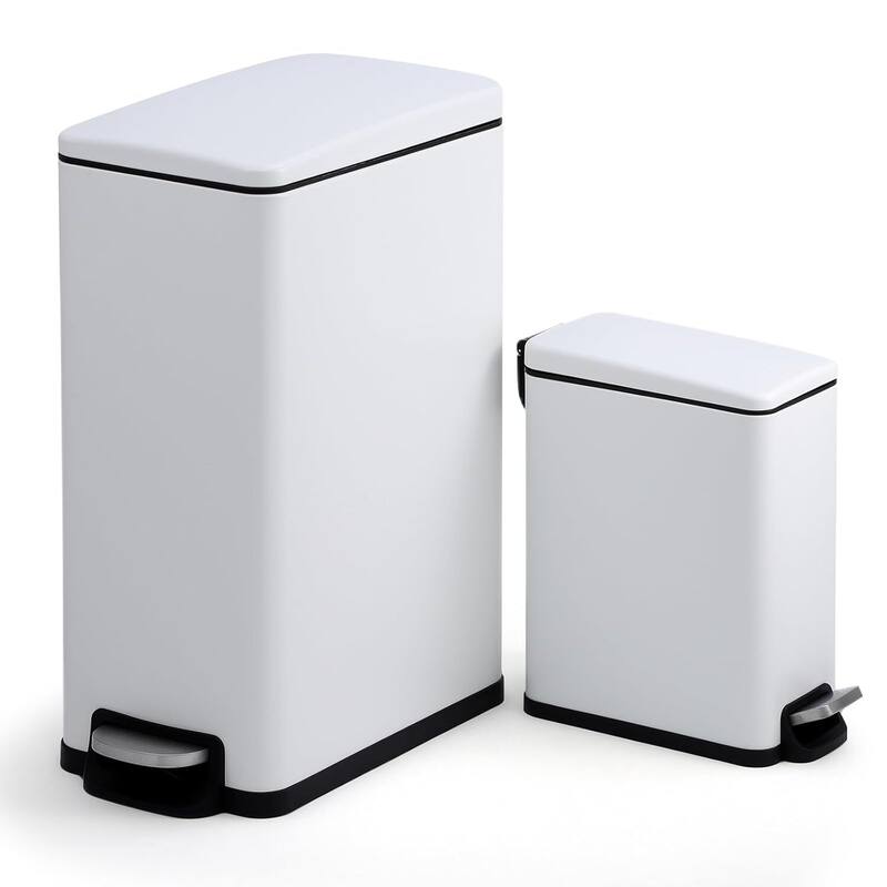 12 Gal + 2.6 Gal Stainless Steel Slim Trash Can Combo Set for Kitchen, Bathroom - White