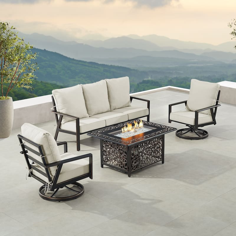 Black Aluminum Fire Table Set with Sofa and Two Club Chairs - Light Grey