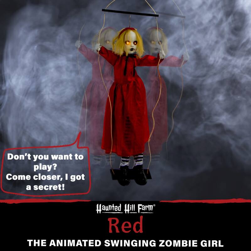 Haunted Hill Farm 47-In. Red the Animated Swinging Zombie Girl, Indoor or Covered Outdoor Halloween Decoration, Battery Operated