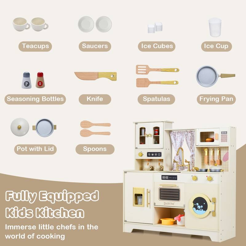 Gymax Kids Play Kitchen Wooden Toy Kitchen Playset w/ 14 Accessories
