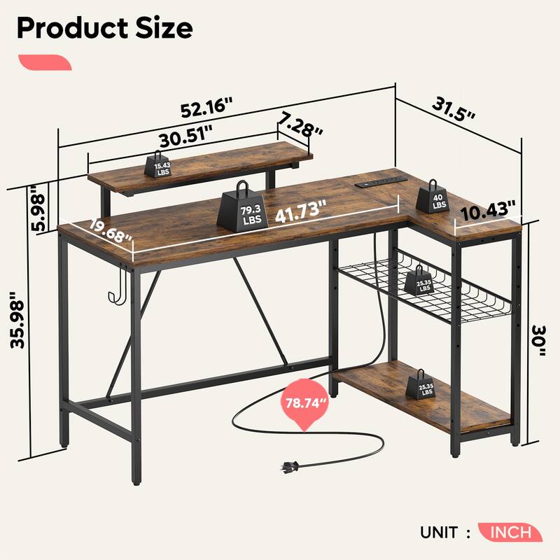 Reversible L Shaped Desk LED Computer Desk with Power Outlets and Monitor Stand Office Desk