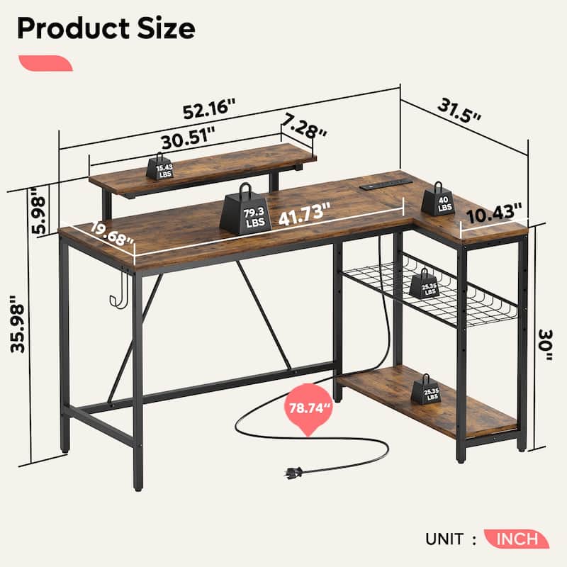 Reversible L Shaped Desk LED Computer Desk with Power Outlets and Monitor Stand Office Desk