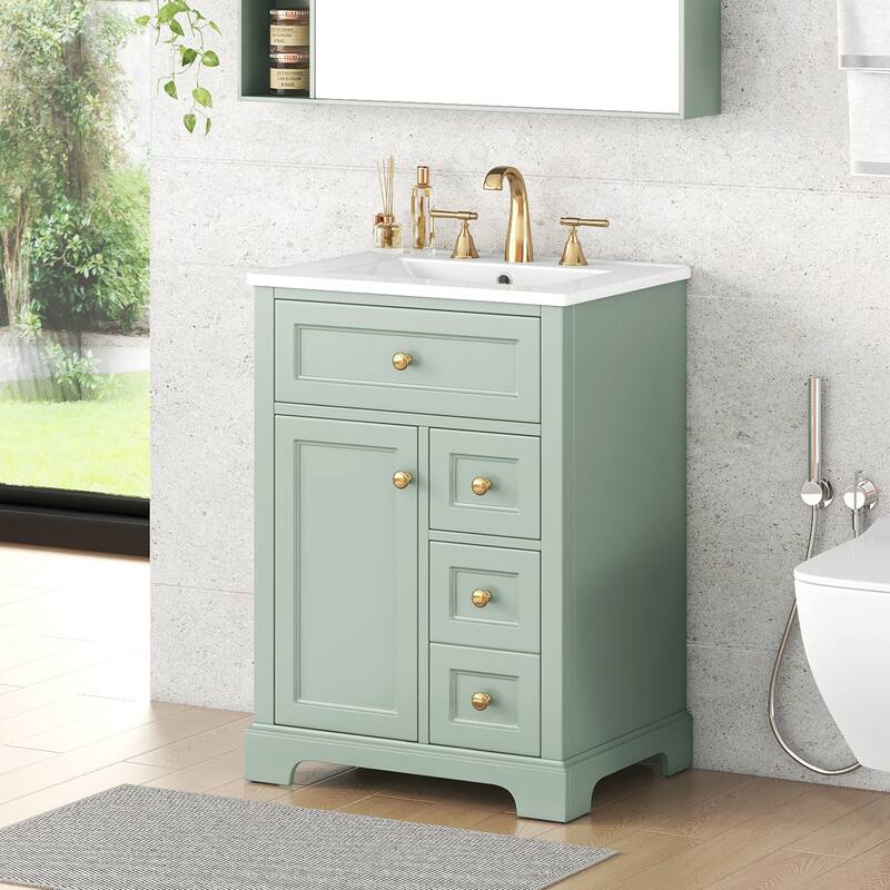 24" Bathroom Vanity with Sink, MDF & Pinewood Construction, 3 Drawers & Cabinet with 2-Tier Door Storage Rack, Soft-Close - Green