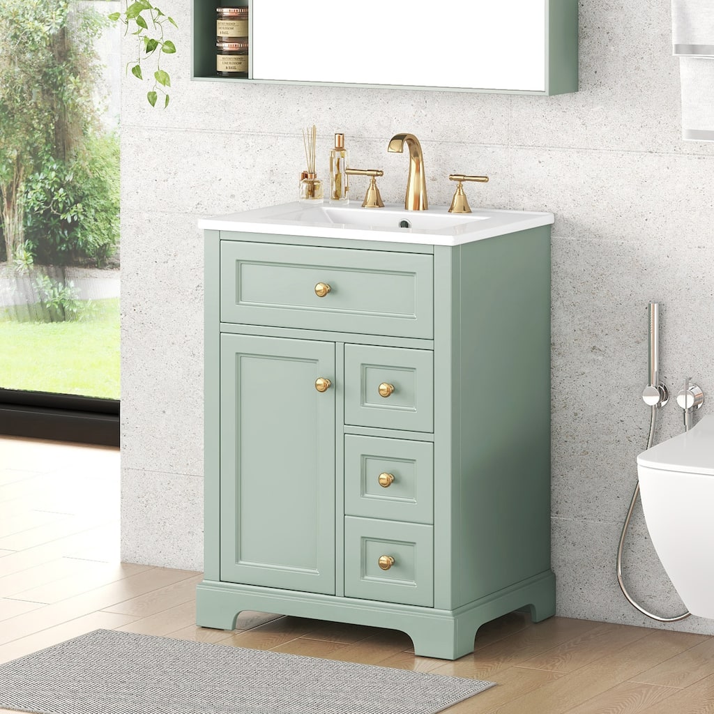 GDFStudio - Alderbrook Freestanding 24" Bathroom Vanity with Ceramic Sink, 2-Tier Door Storage Rack & Soft-Close Door & Drawers