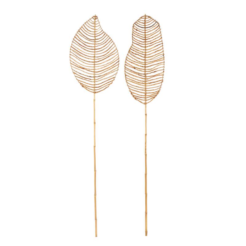 Light Brown Bamboo Wood Handmade Tall Palm Leaf Woven Stick Leaf Home Decor Natural Foliage with Varying Shapes (Set of 2)