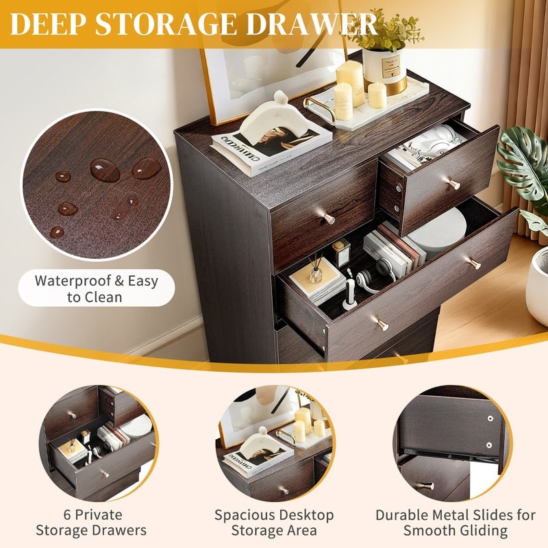 6-Drawer Large Dresser For Bedroom And Chest Of Drawers With Sturdy Construction Wood Storage Organizer For Closet