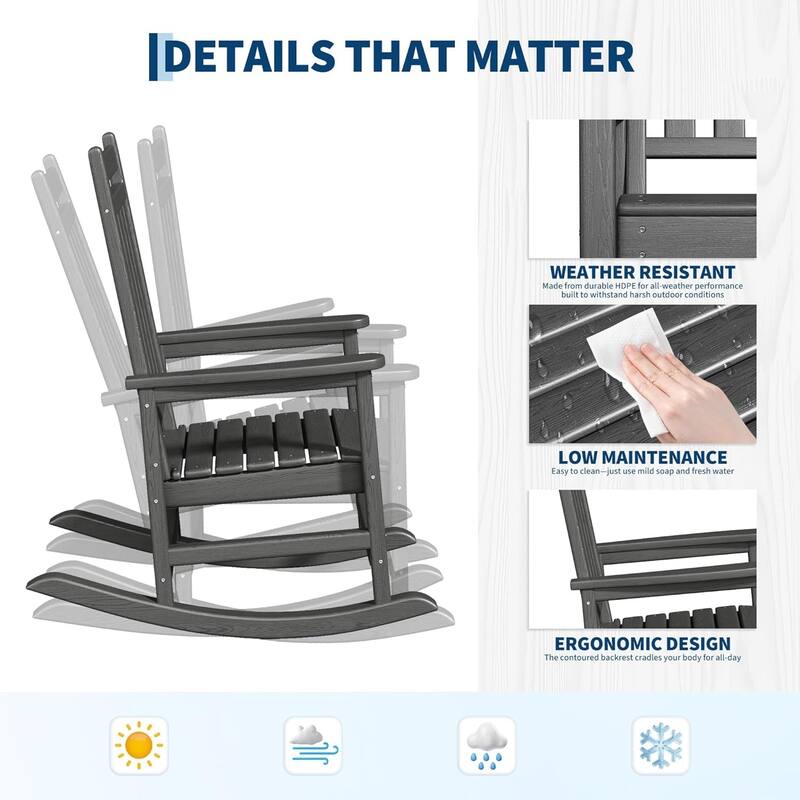 2-Piece HDPE Rocking Chair Set with Table All-Weather High-Back Porch Rockers for Adults Black