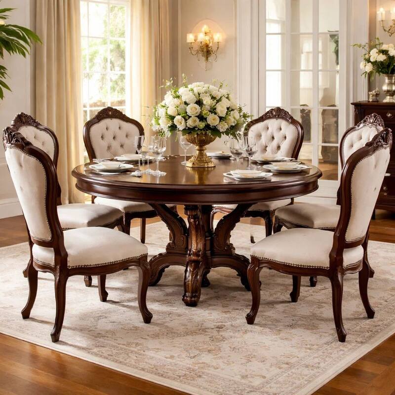 Clover 60 Inch Round Wood Dining Table, Single Pedestal Base, Cherry Brown