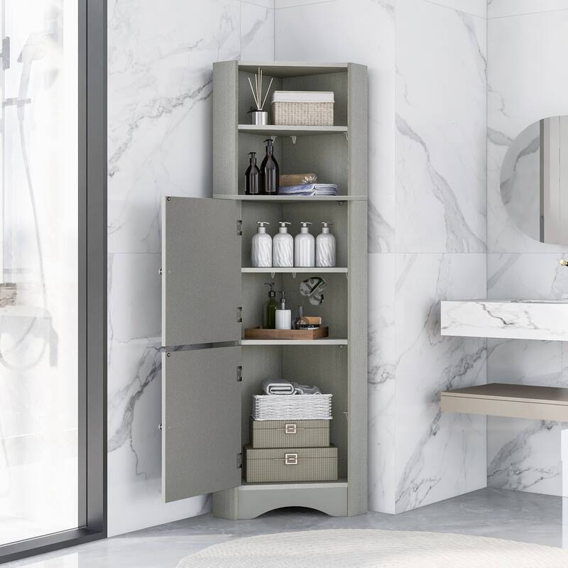 Tall Bathroom Corner Cabinet, Freestanding Storage Cabinet with Doors and Adjustable Shelves - Grey
