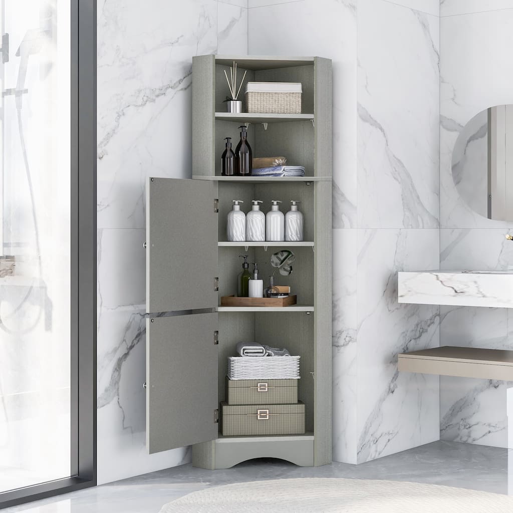 Tall Bathroom Corner Cabinet, Triangle Wood Storage Cabinet, Freestanding Pantry Cabinet with 2 Doors & Adjustable Shelves