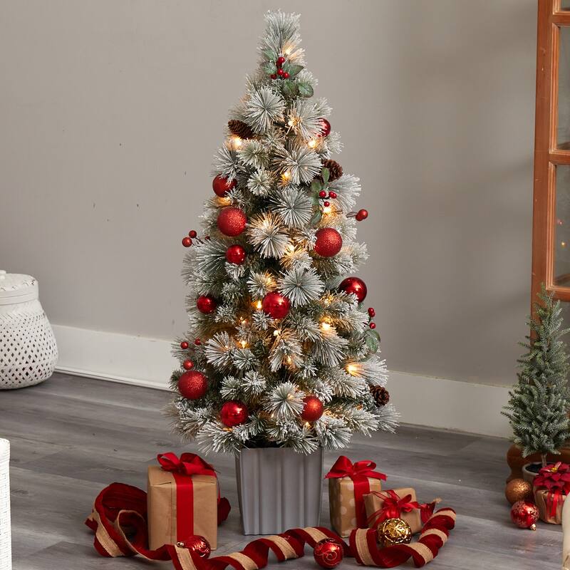 4Ft Pre-Lit Christmas Tree with Ornaments & Planter - Holiday Decor - Red - 48