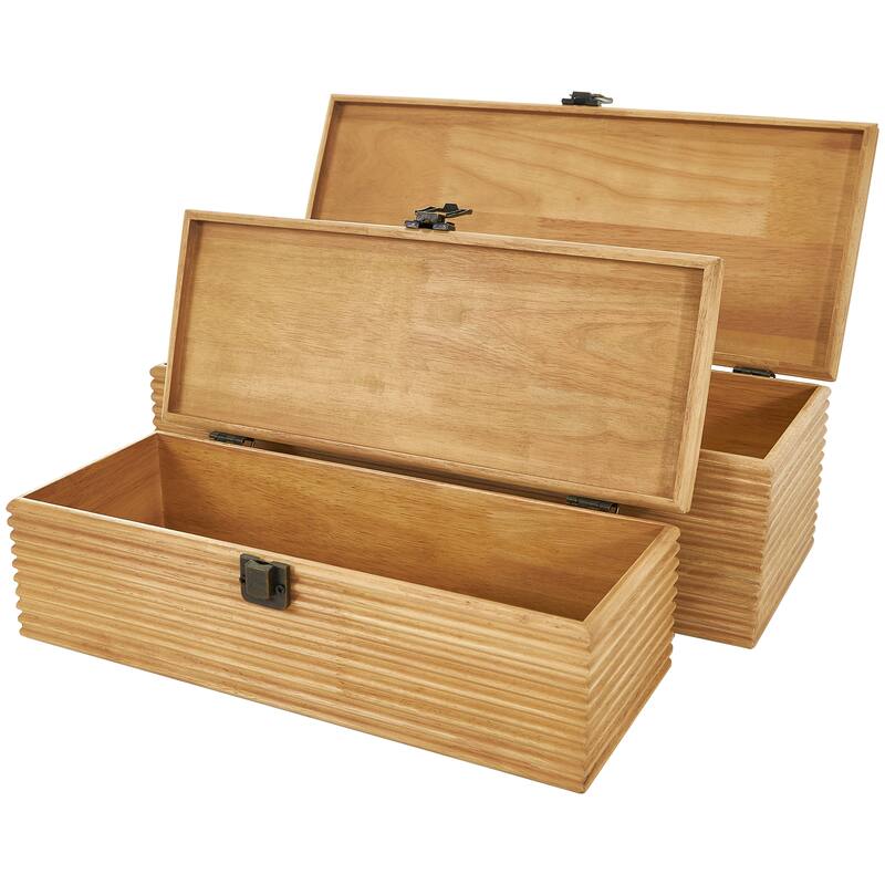 Light Brown Wood Carved Linear Box (Set of 2)