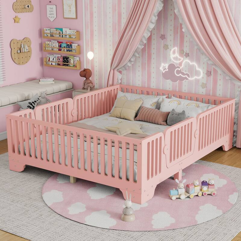 Montessori Floor Bed with Detachable Door, No Box Spring Needed, Kids Platform Bed with Slats and Fence