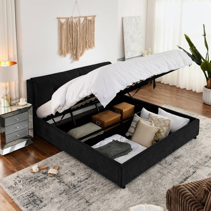 Modern King Size Chenille Storage Platform Bed with Upholstered Headboard