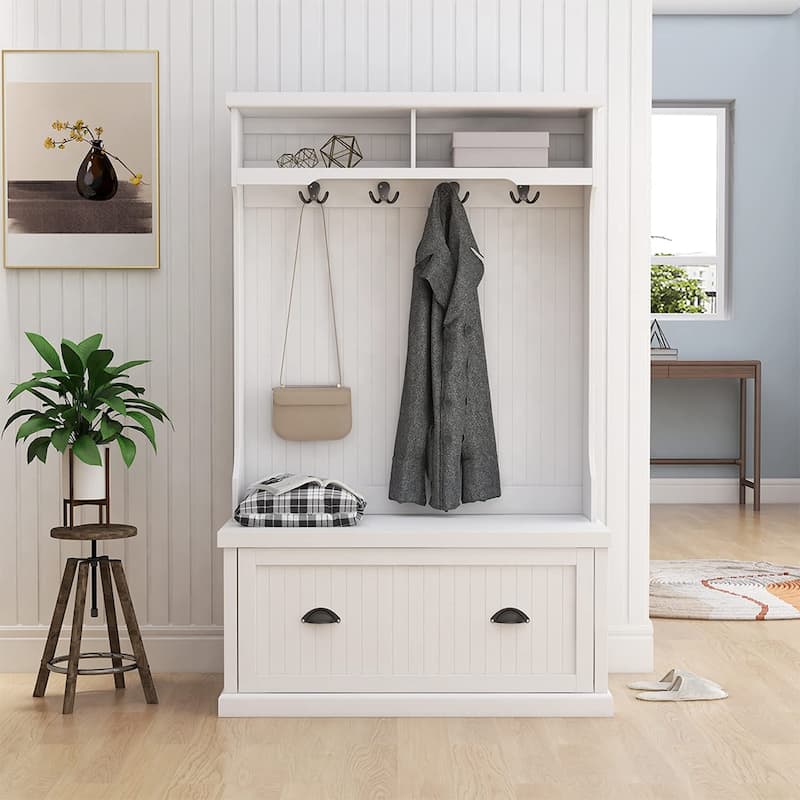 Hall Tree with Bench and Shoe Storage, Entryway Bench with 4 Hooks - 40.16"Lx18.5"Wx64.57"H - White