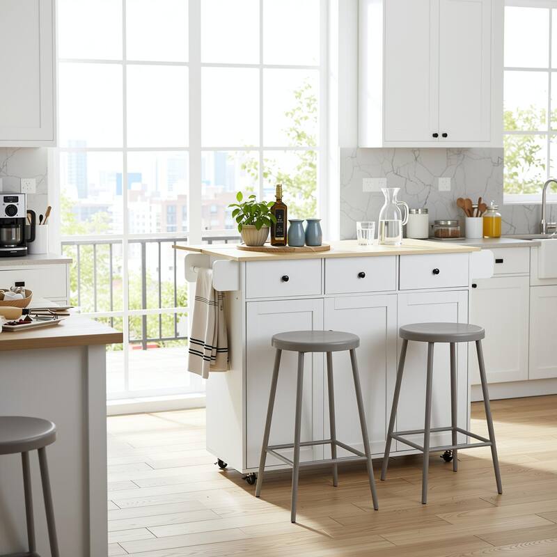 Homy Casa Oak White Kitchen Cabinet with Casters, 3 Drawers & 3 Doors
