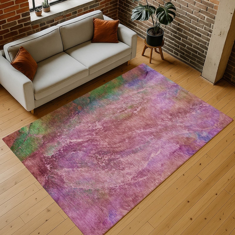 Machine Washable Indoor/ Outdoor Abstract Watercolor Chantille Rug