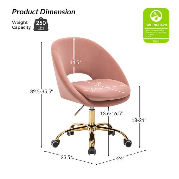 dimension image slide 9 of 18, HULALA HOME Ramona Modern Velvet Height Adjustable 360 Swivel Task Chair with Metal Base