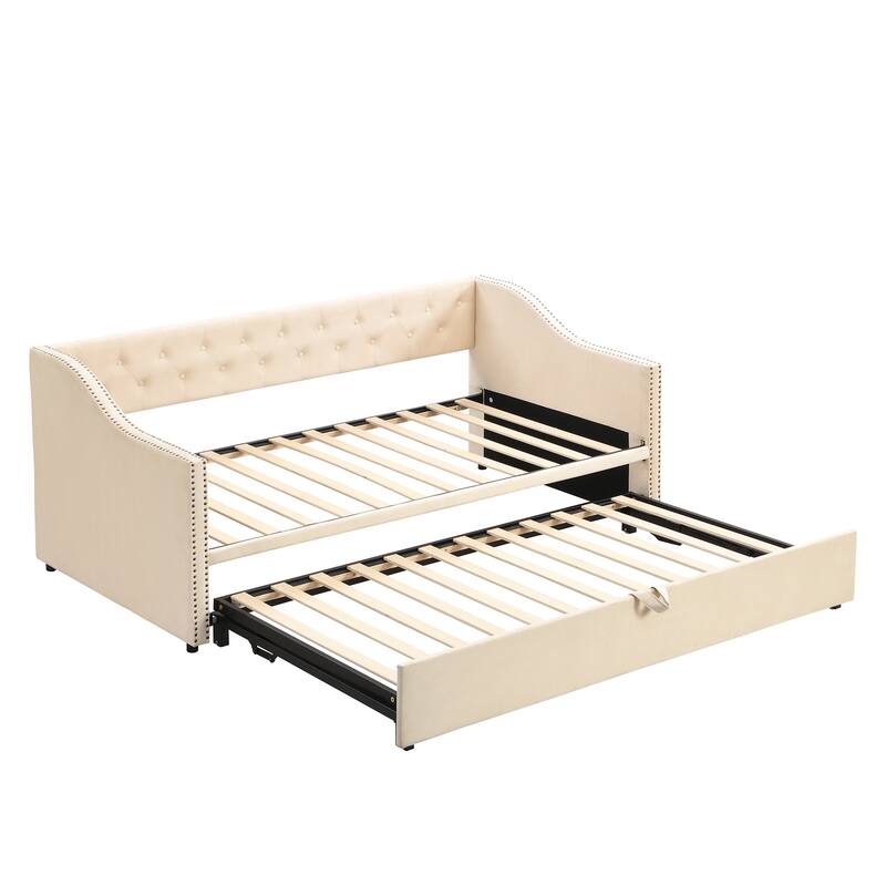 Twin Size Upholstered Daybed with Pop-Up Trundle, Expandable from Twin to King, Velvet with Armrests