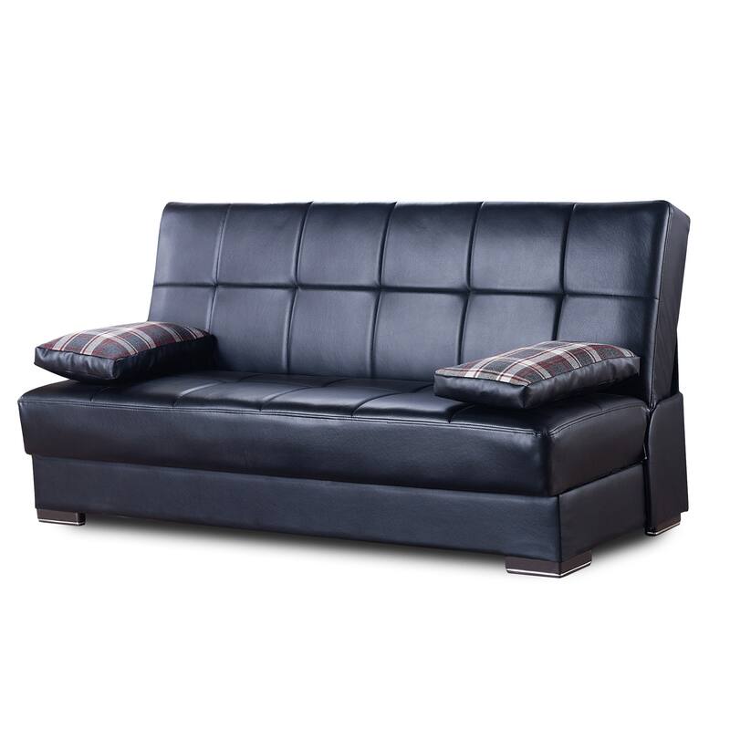 HomeRoots 75" Black Faux Leather Convertible Futon Sleeper Sofa And Toss Pillows With Storage