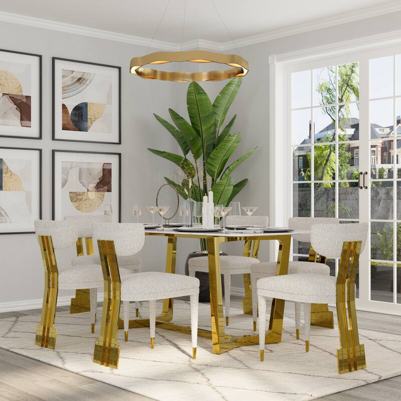 70 inch Dining Table Set with Boucle Dining Chairs - Polished Gold - Table with 6 Chairs