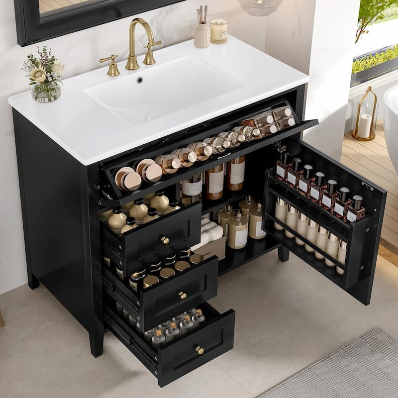 Bathroom Vanity with Sink, Modern MDF and Rubberwood Cabinet with 3 Drawers and Adjustable Shelf - Black - 36-Inch