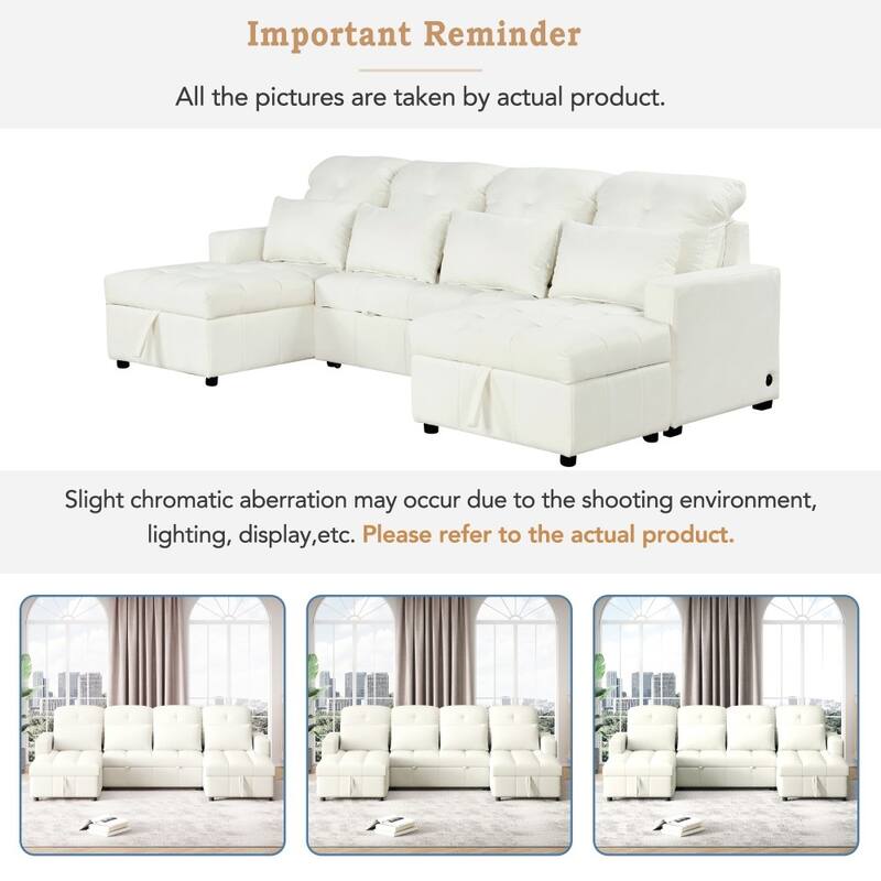 110.2" Modern U-shaped Sectional Pull-out Sofa with Storage Chaise and USB Ports