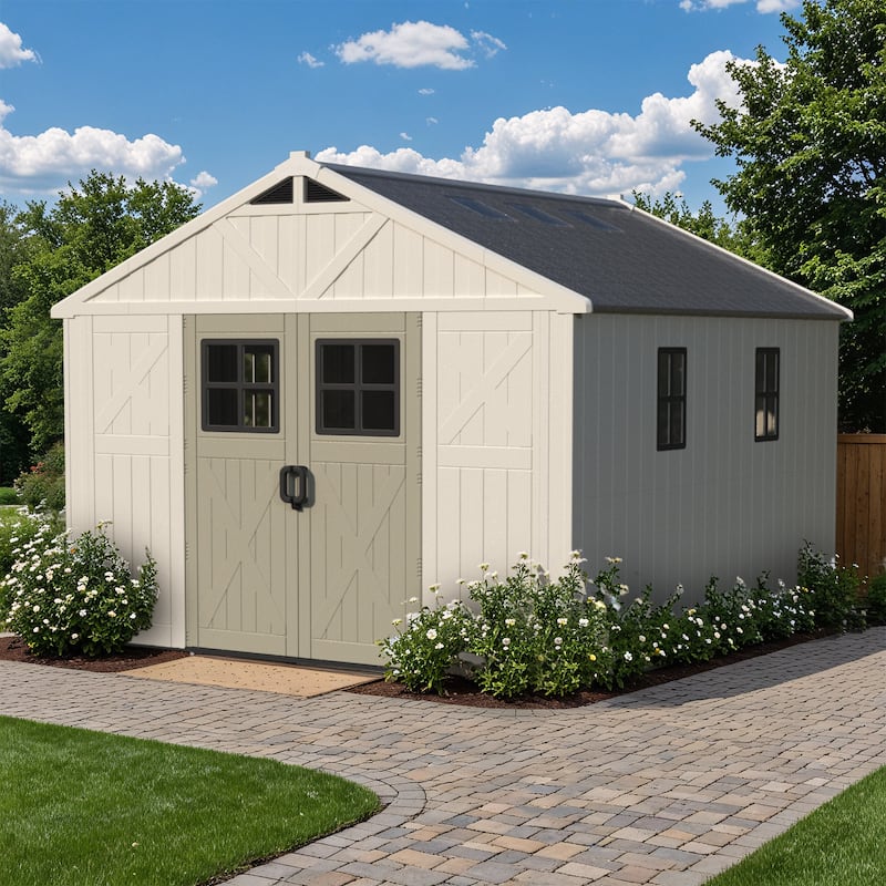 Patiowell 10 x 10 FT Resin Outdoor Storage Shed With Floor ,Weather Resistant, Organization for Home/Backyard/Garden, Off White