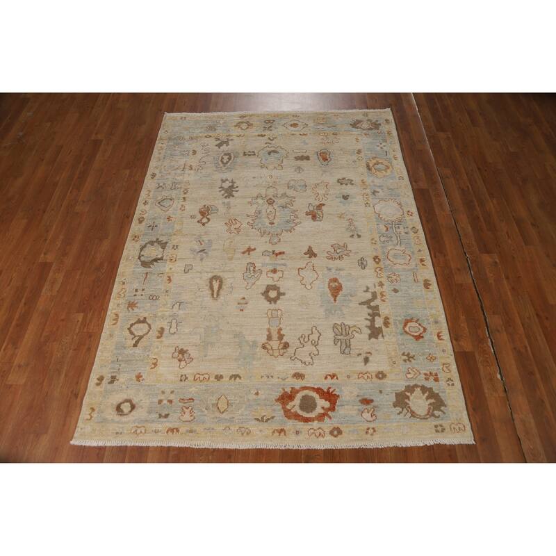 Vegetable Dye Oushak Turkish Rug Handmade Beige Wool Carpet - 5'0"x 7'7"