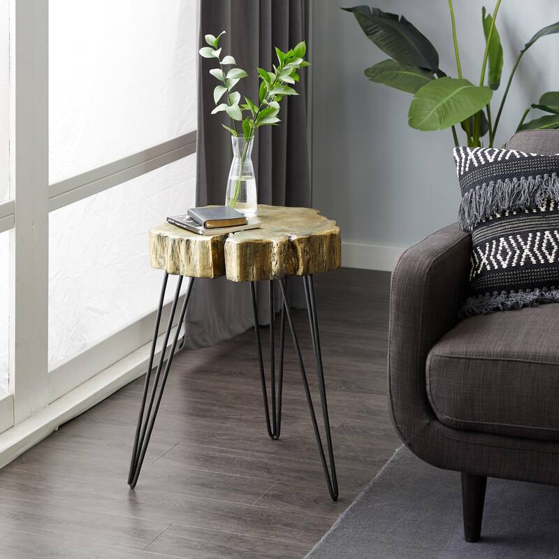 Polystone Tree Trunk Side End Accent Table with Black Hairpin Legs - Gray, Gold - Roche River Decor