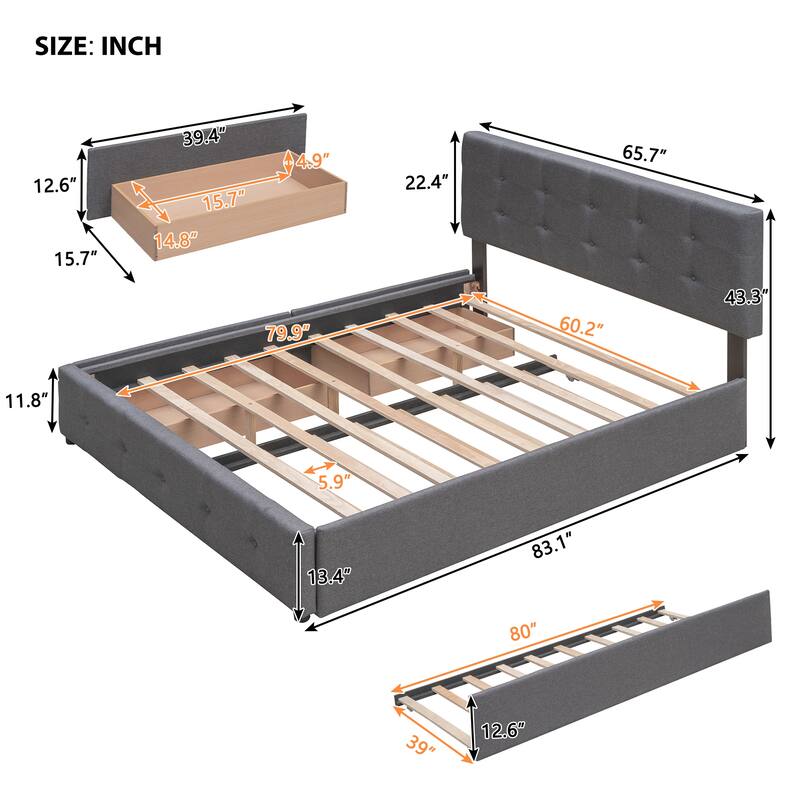 Upholstered Platform Bed with 2 Drawers and 1 Twin XL Trundle, Linen Fabric, Queen Size