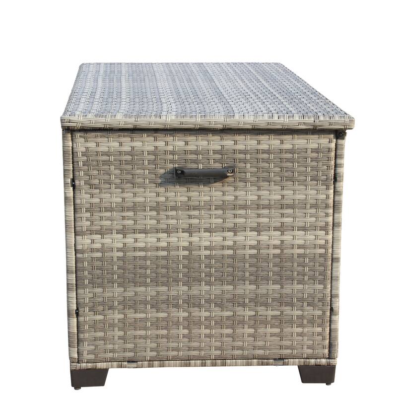 ​​Gray Modern Wicker Storage Box with Zippered Liner, 4 Wooden Legs and Lid for Patio Poolside and Garden