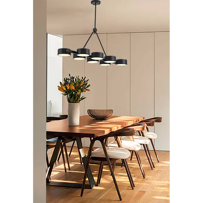 Transitional 8-Light Black LED Chandelier With Round Accent Shades