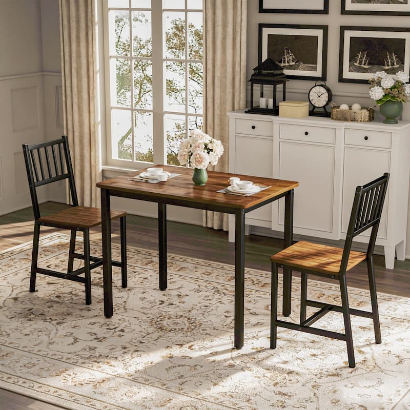 Anmytek Industrial 3 Piece Dining Set Walnut Wood Table with 2 Chairs Space Saving Breakfast Bar for Kitchen and Small Spaces