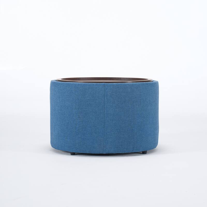 Ball & Cast Nesting Storage Ottomans of 2, Linen Upholstered Footstool Wood Tray, 22.75" Round Coffee Table